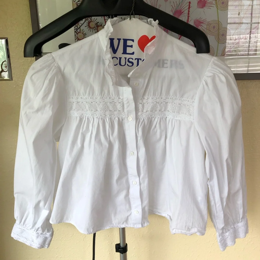 Zara Cotton Crop Puff Sleeve Blouse XS White Lace Button Front Romantic